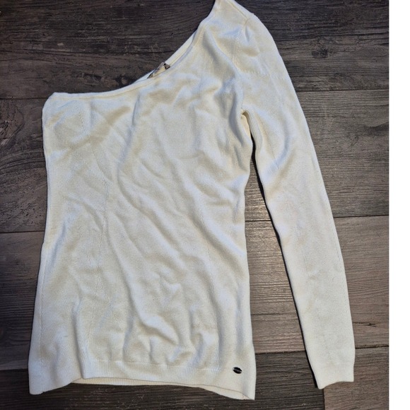 Guess One Shoulder Sweater Top Long Sleeve Knit Cream Womens - Picture 1 of 3
